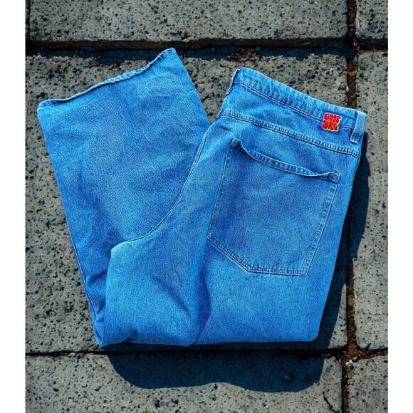 Empyre Blue Baggy Jeans Sz. 42x30 Wide Leg Loose Fit Skater Y2K Embroidered - Picture 1 of 11